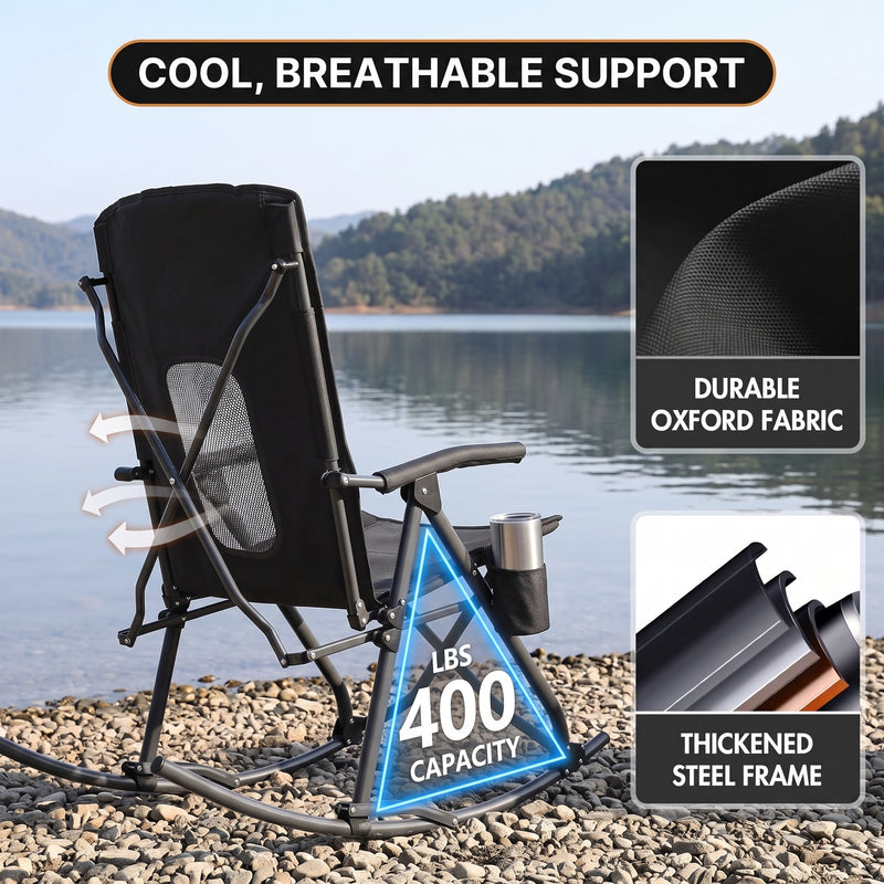 High Back Folding Rocking Camping Chair – Oversized Portable Outdoor Rocker with Cup Holder, Carry Bag & Heavy-Duty Steel Frame - 6