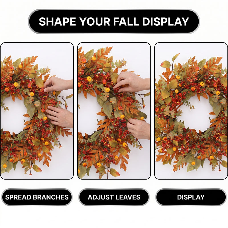 22-Inch Artificial Fall Wreath for Front Door – Berry, Pumpkin & Floral Styles - 6