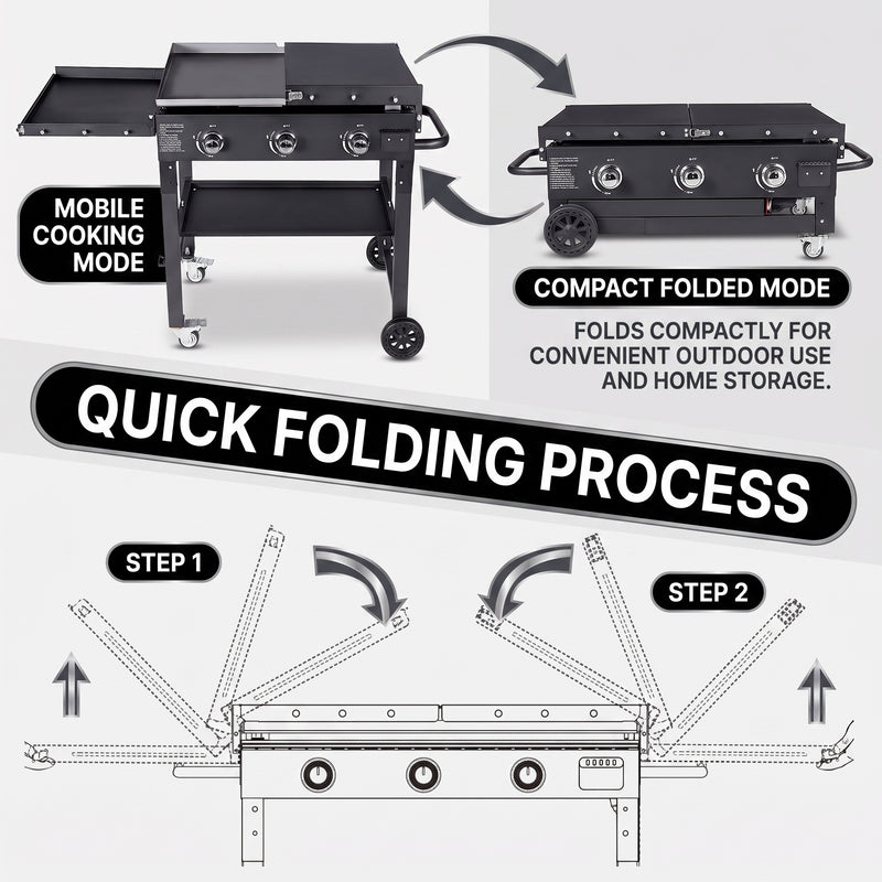2 & 3 BURNER PORTABLE PROPANE FLAT TOP GRIDDLE – 20,000–45,000 BTU OUTDOOR GRIDDLE WITH SIDE SHELVES & CART - 6