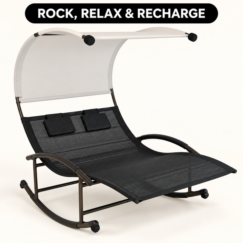 Outdoor Chaise Lounger with Canopy – Single & Double 2-Person Patio Sun Lounger with Cushions & Headrest - 6
