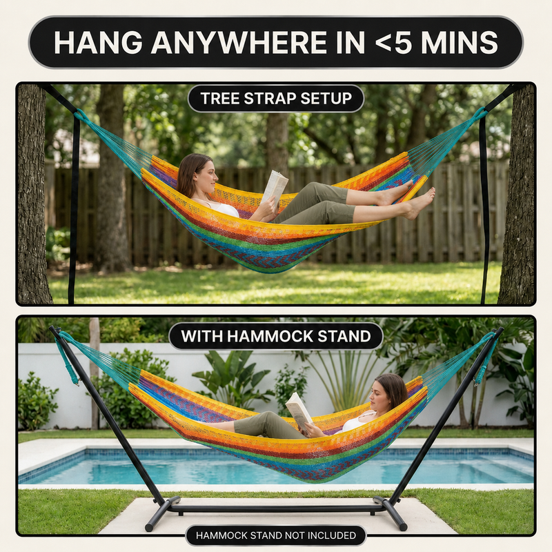 Handwoven Mayan Rope Double Hammock with Tree Straps, Carabiners & Carry Bag - 6
