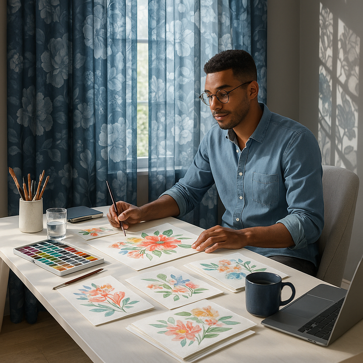 Premium Printed Floral Rod Pocket and Back Tab Voile Sheer Curtain - 50" Wide Lightweight Panel with Blush & Neutral Florals on Navy Ground