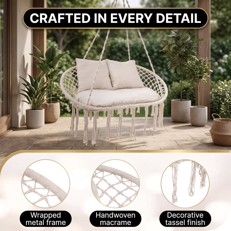 2-Person Hanging Hammock Chair with Cushion – Boho Macrame Swing for Indoor & Outdoor Relaxation - 6