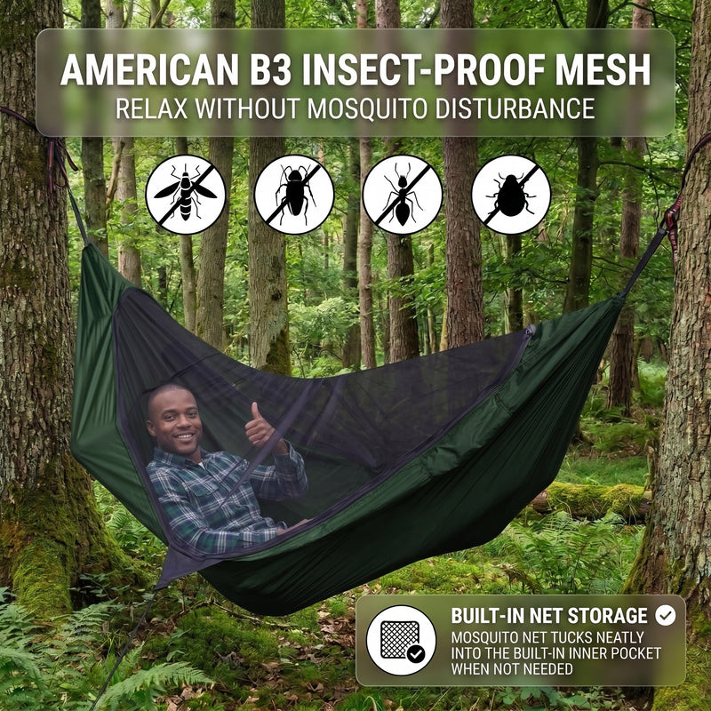 2-Person Camping Hammock with Mosquito Net & Rain Fly – Portable Outdoor Hammock Set (500lbs Capacity) - 6
