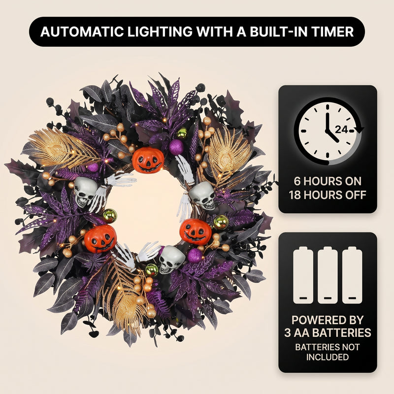 HALLOWEEN WREATH WITH LIGHTS FOR FRONT DOOR – PRE-LIT PUMPKIN, WITCH & GOTHIC PORCH DÉCOR - 6