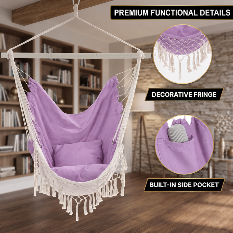 Boho Macrame Hammock Chair with Fringe, 2 Cushions & Side Pocket - 6