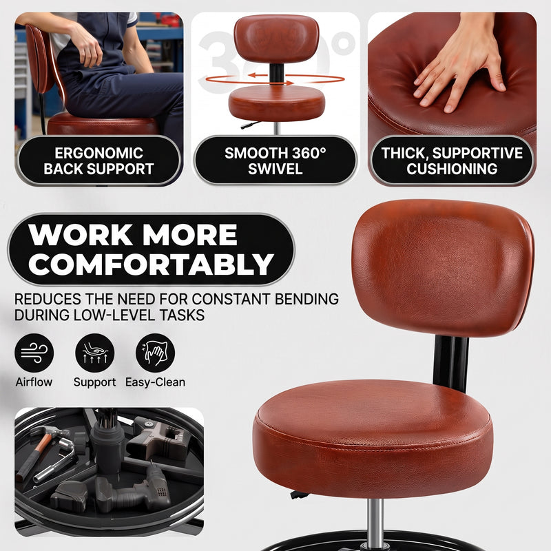Rolling Mechanic Chair with Backrest and Footrest – Heavy Duty Shop Stool with Wheels, Adjustable Height Swivel Garage Chair - 6