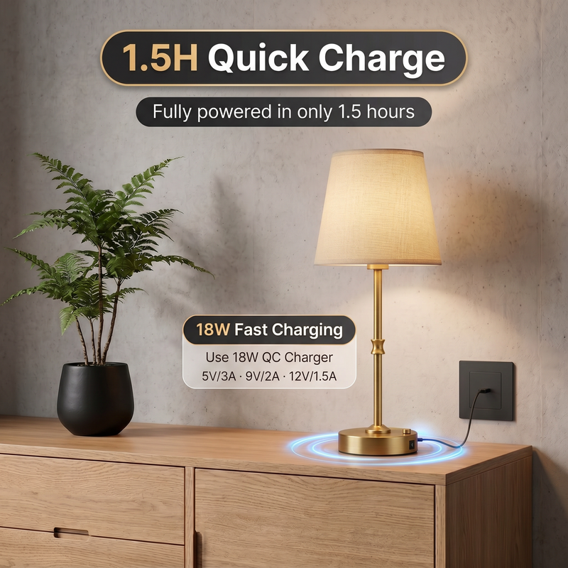 Cordless Rechargeable Table Lamp with Fabric Shade – Dimmable LED Desk Lamp - 6