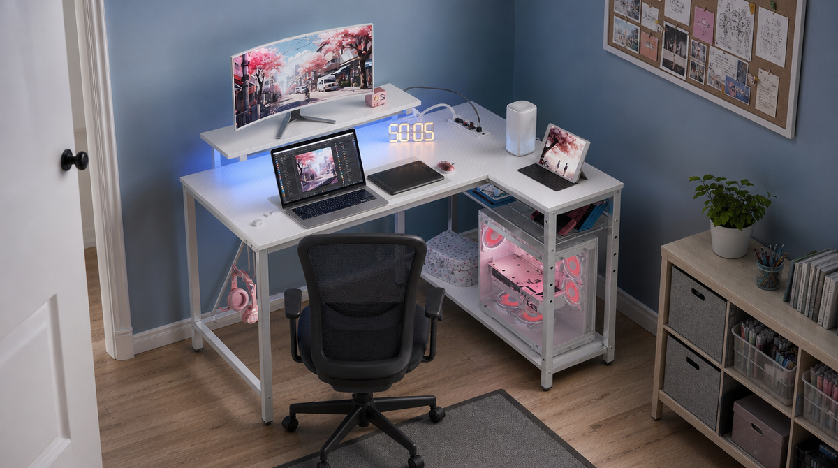 L-Shaped Gaming Desk with LED Lights & Power Outlets - fit and scale image 6
