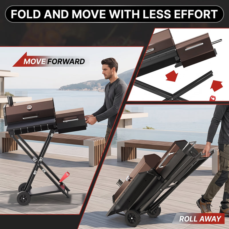 Portable Charcoal Grill with Smoking Function, Foldable Suitcase Design with Wheels, Multi-Tier Storage Rack & Waterproof Cover for Outdoor BBQ Parties - 6