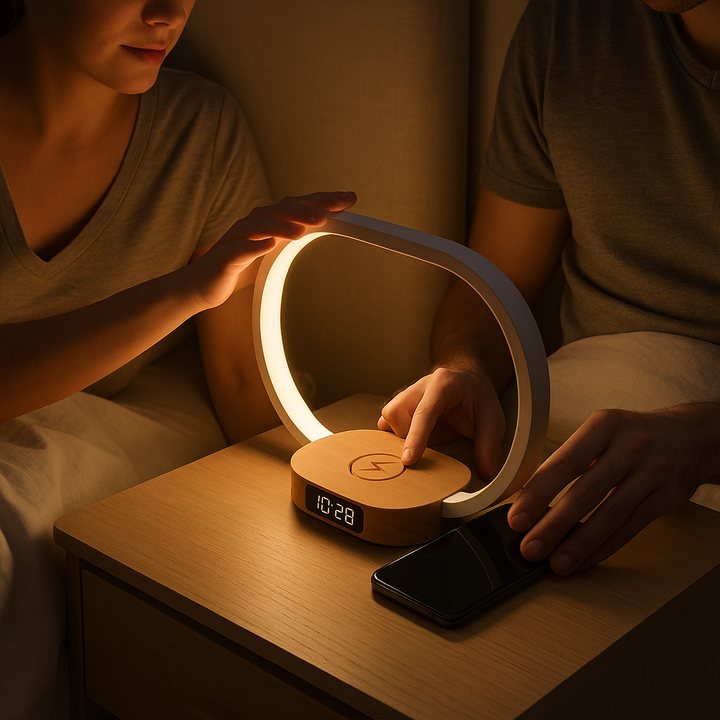 SyncLite Touch Bedside Lamp – Clock, Wireless Charger & Dimmable LED Nightstand Light