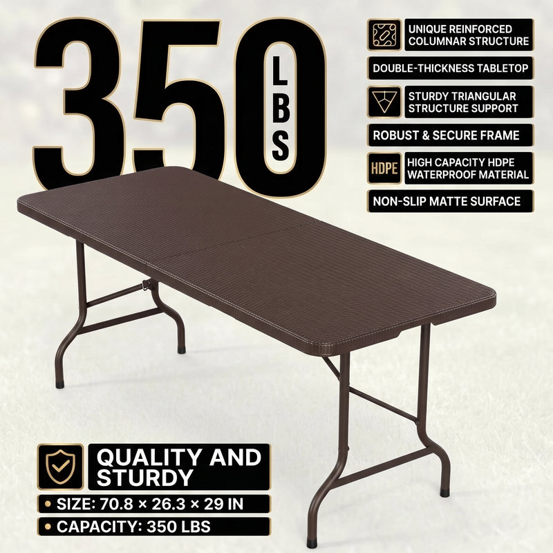6 FT FOLDING CAMPING TABLE – PORTABLE INDOOR OUTDOOR TABLE WITH WATERPROOF HDPE TOP & CARRY HANDLE - 6