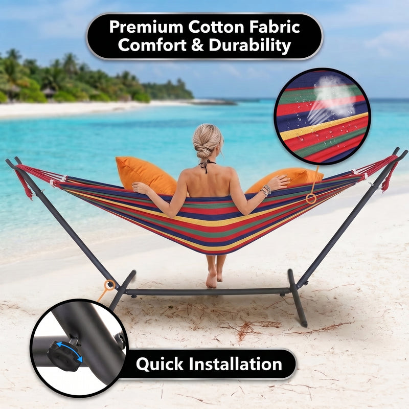 Double Hammock with Stand – Portable, Adjustable & 600lb Capacity for Indoor & Outdoor - 6