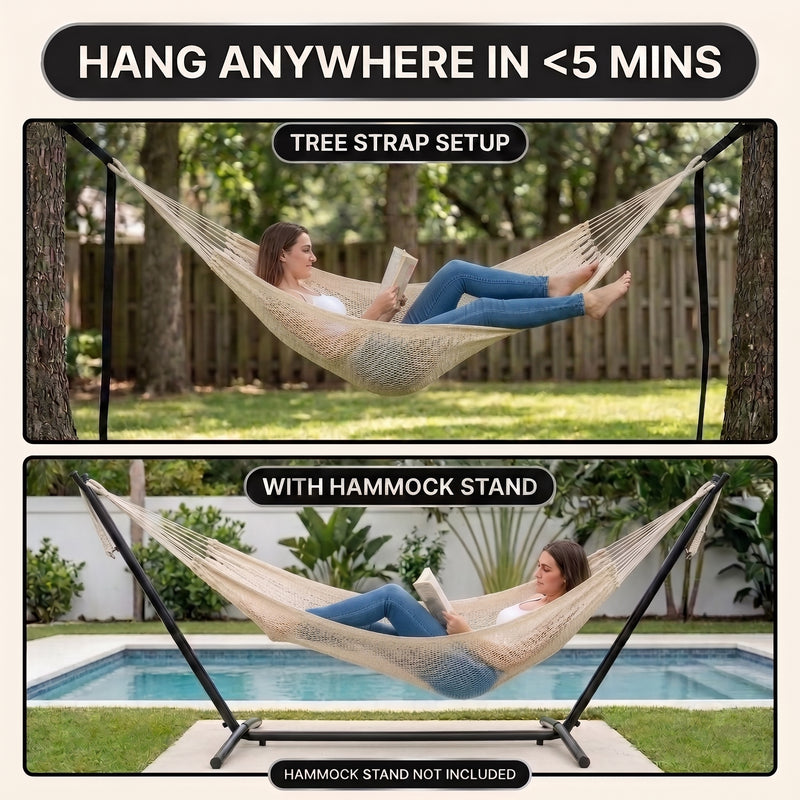 Handwoven Mayan Rope Double Hammock with Tree Straps, Carabiners & Carry Bag - 6