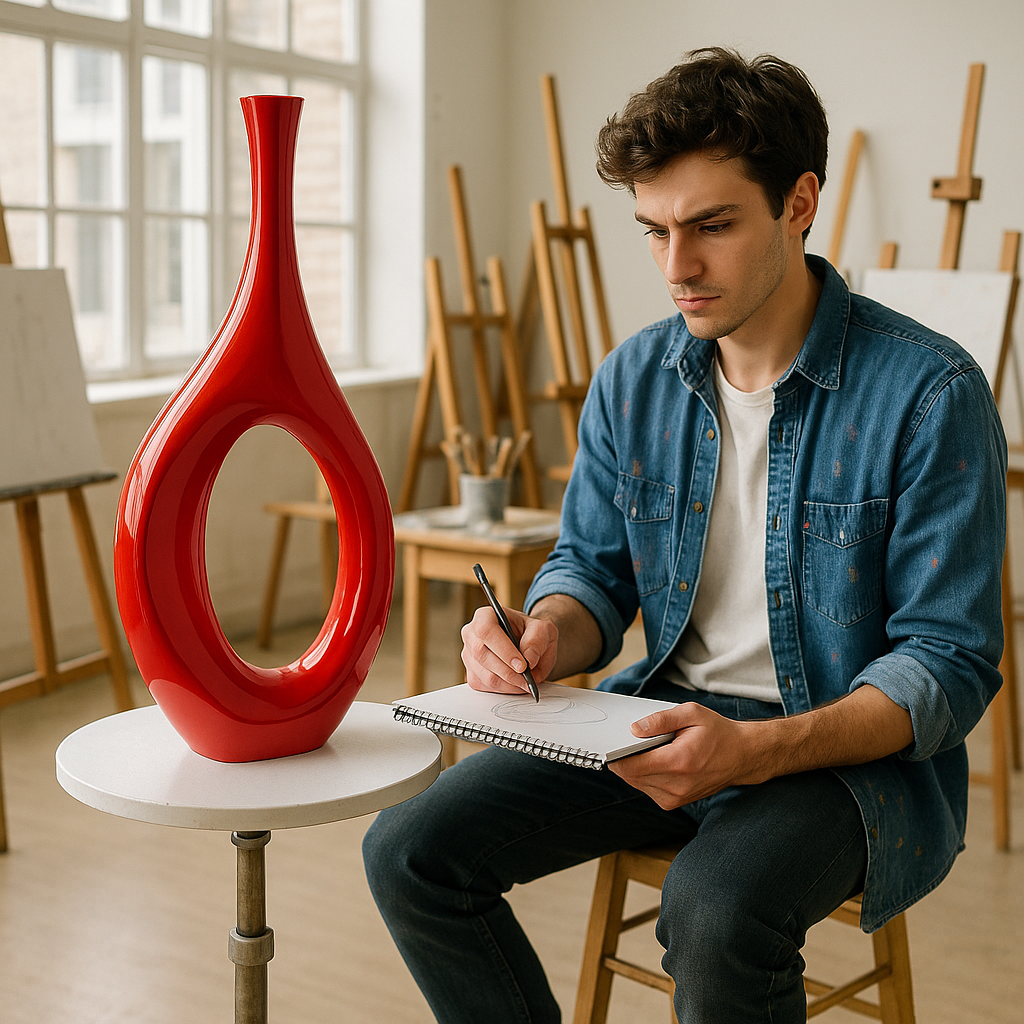 Premium Trombone Vase Large in Red - Contemporary Resin Floor Sculpture with Glossy Finish