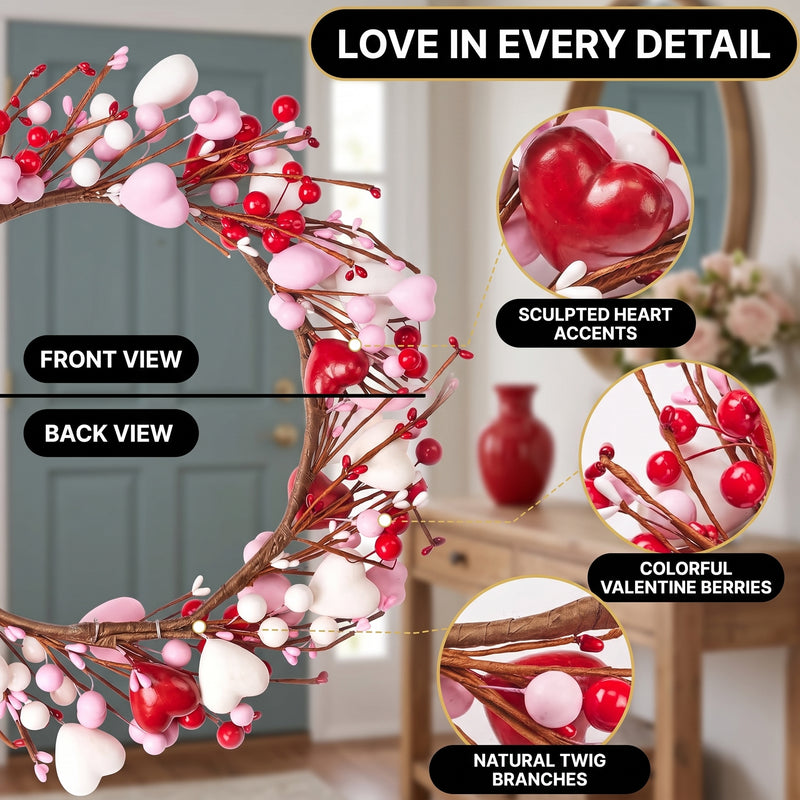 VALENTINE WREATHS FOR FRONT DOOR – HEART & BERRY FLORAL WREATH FOR VALENTINE’S DAY DÉCOR - 6