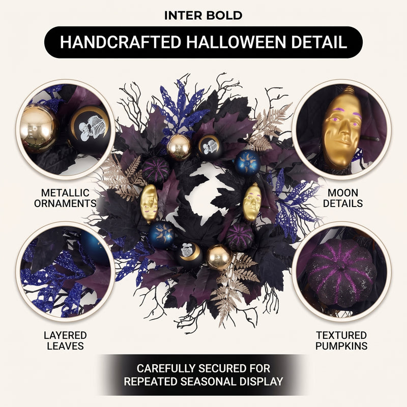 HALLOWEEN WREATH WITH LIGHTS FOR FRONT DOOR – PRE-LIT PUMPKIN, WITCH & GOTHIC PORCH DÉCOR - 6