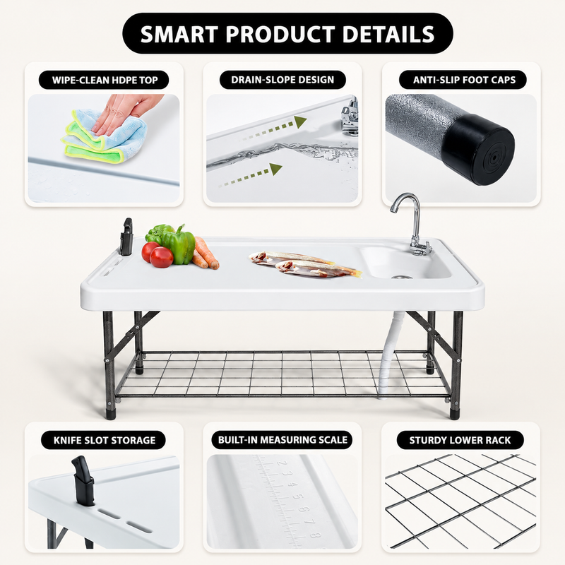Folding Fish Cleaning Table with Sink & Sprayer Options - 6