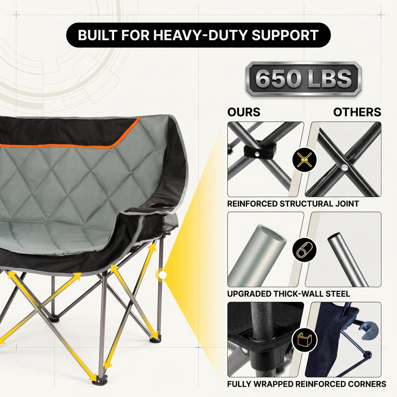 Oversized Padded 3-Person Folding Camping Loveseat Chair – Heavy Duty Outdoor Seating - 6