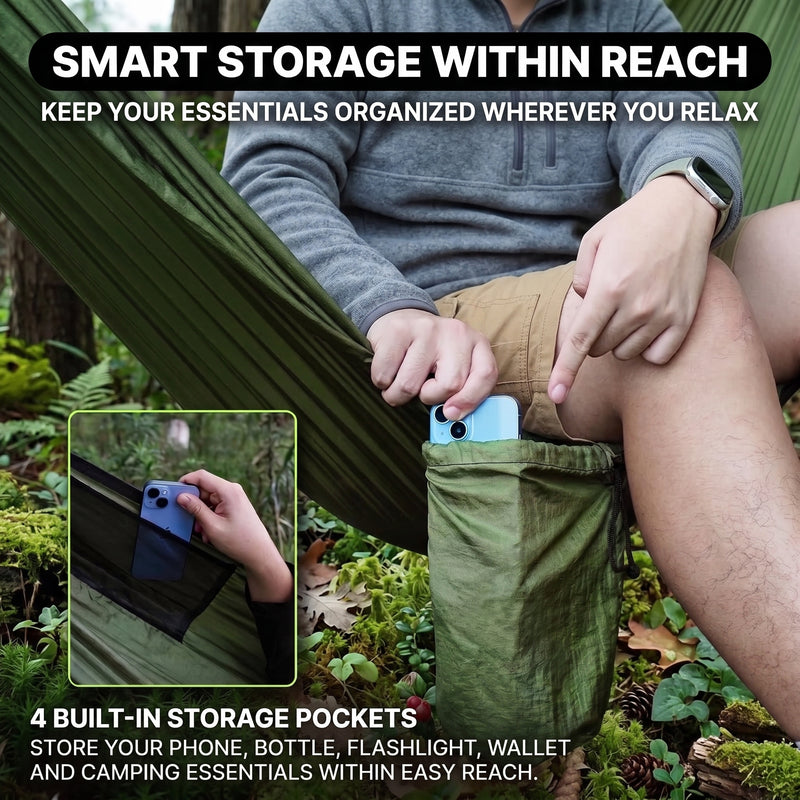 2-Person Camping Hammock with Mosquito Net & Rain Fly – Portable Outdoor Hammock Set (500lbs Capacity) - 6