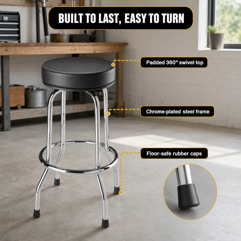 Swivel Bar Stool for Garage & Shop - Backless Counter Stool with Padded Seat, Workbench Stool for Workshop, Single Bar Stool with Chrome Legs - 6