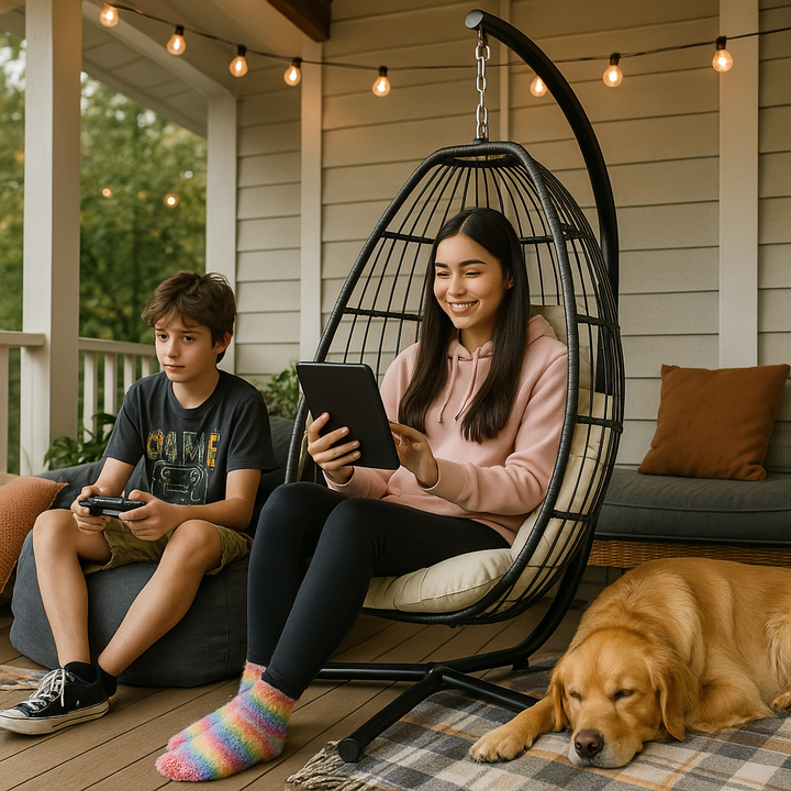 Outdoor Hanging Egg Chair Beige - 2 Person Wicker Patio Swing with Stand, Comfort Cushions & All-Weather Durability