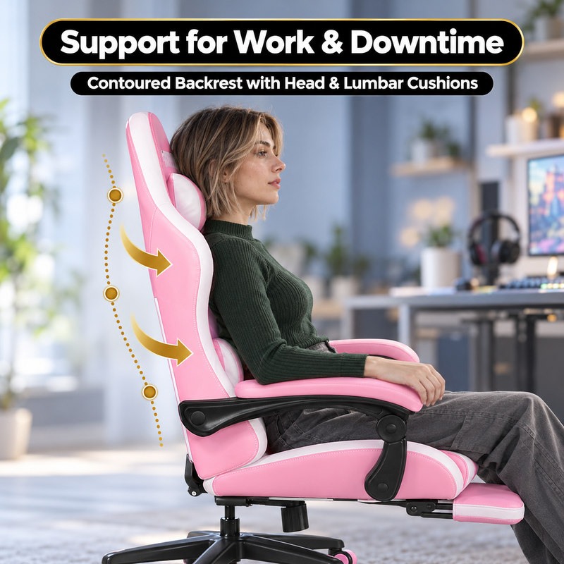 Pink Gaming Chairs – High-Back Reclining Styles with Footrest & Lumbar Support - 6