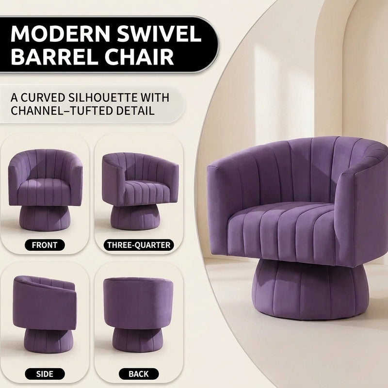 Channel Tufted Swivel Accent Chair – Velvet Barrel Chair - 6