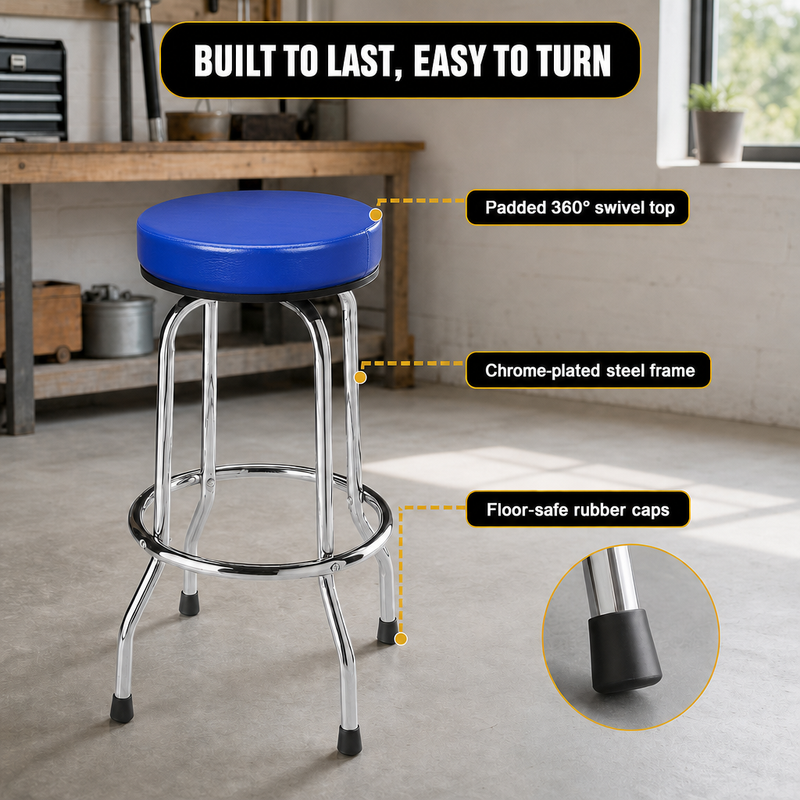 Swivel Bar Stool for Garage & Shop - Backless Counter Stool with Padded Seat, Workbench Stool for Workshop, Single Bar Stool with Chrome Legs - 6