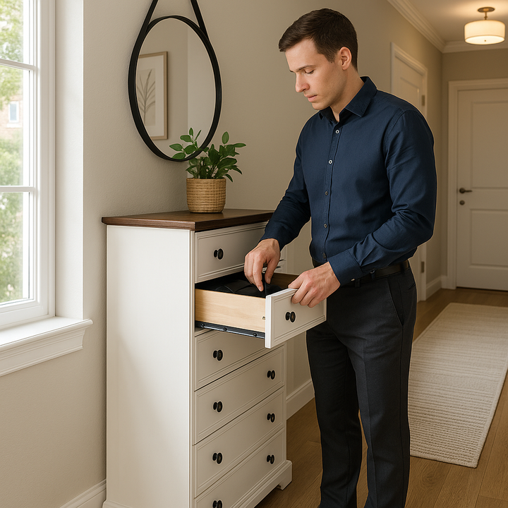 ModernSpace Elite Pro 6-Drawer Tall Dresser – White with Textured Border
