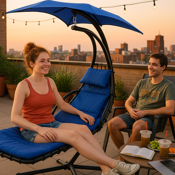Navy Blue Outdoor Swing Chair - Hanging Chaise Lounger with Removable Shade Canopy & Comfort Pillow for Patio