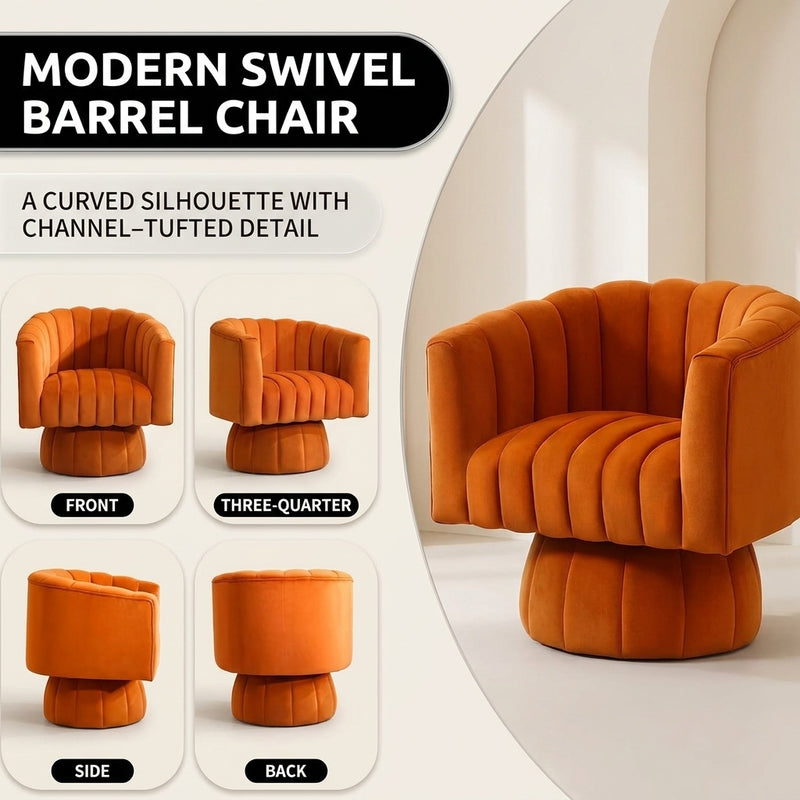 Channel Tufted Swivel Accent Chair – Velvet Barrel Chair - 6