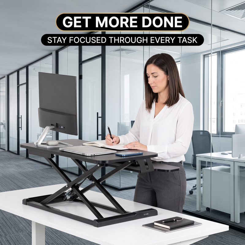 Standing Desk Converter, Height Adjustable Sit to Stand Desk Riser, Pneumatic & Electric Dual Monitor Laptop Workstation with Wide Keyboard Tray - 6