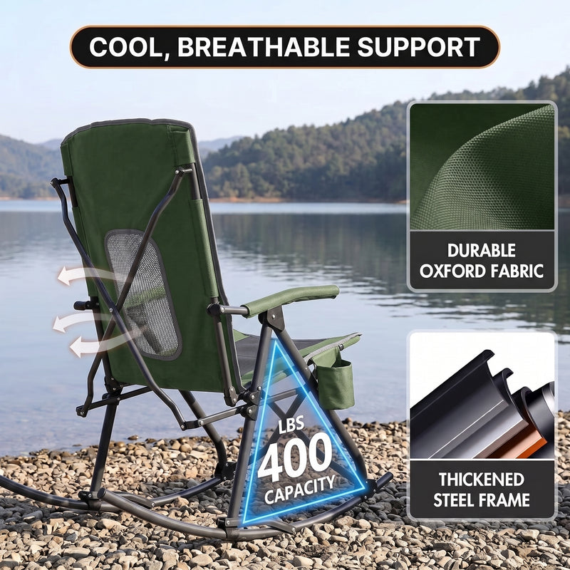 High Back Folding Rocking Camping Chair – Oversized Portable Outdoor Rocker with Cup Holder, Carry Bag & Heavy-Duty Steel Frame - 6