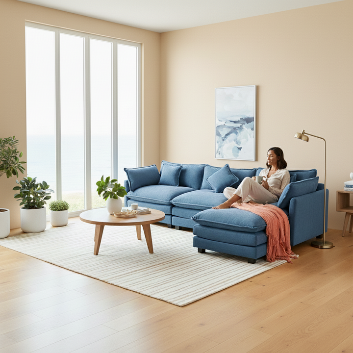 112.2″ L-Shape Chenille Upholstered Sofa with Ottoman & 5 Pillows | Trufairs