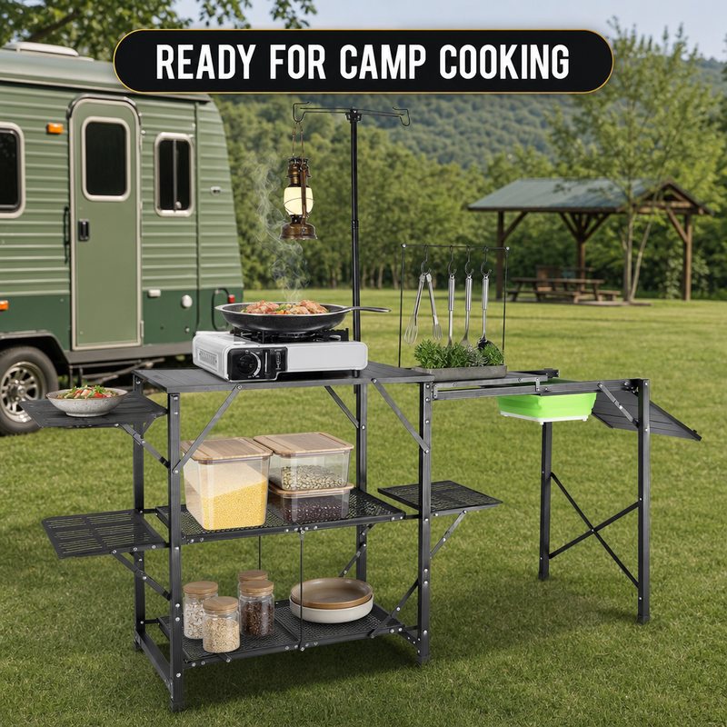 Camping Portable Cook Station/Kitchen Table, Folding Outdoor Cooking Table with Storage - 6