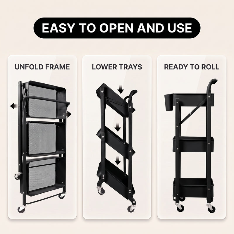 3-Tier Metal Rolling Cart – Foldable or Fixed Pegboard Styles - 6
