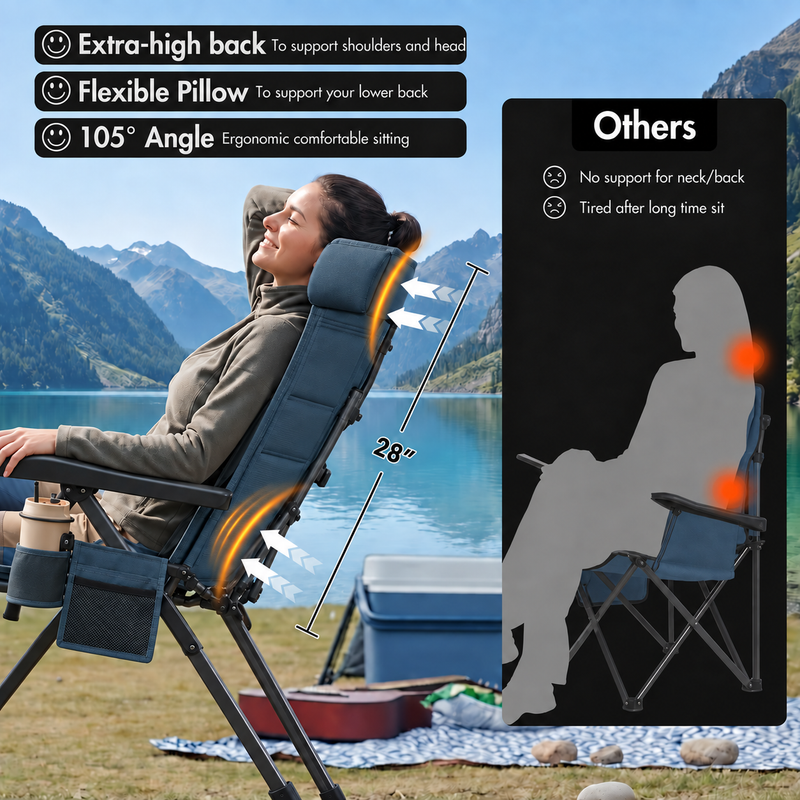Reclining Camping Chair – 3-Position High-Back Folding Chair with Lumbar Support - 6