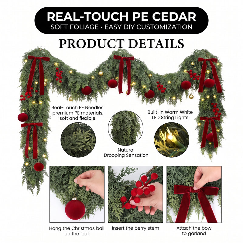 CHRISTMAS GARLAND WITH LIGHTS – PRE-LIT HOLIDAY GREENERY - 6