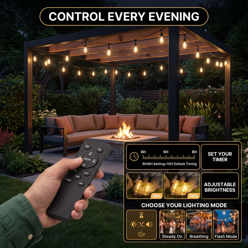 Outdoor Solar String Lights with Remote — Black, 37–108 ft - 6