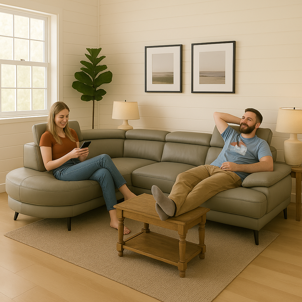 Contemporary Light Grey Bonded Leather L-Shaped Sectional with Adjustable Backs - 4-Seat Luxury Sofa Set