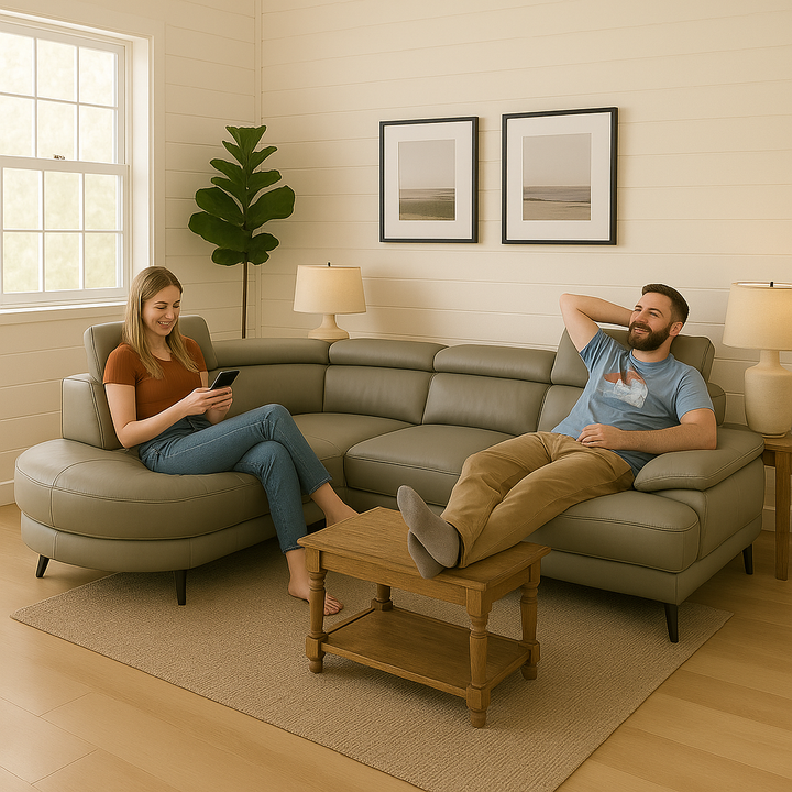 Contemporary Light Grey Bonded Leather L-Shaped Sectional with Adjustable Backs - 4-Seat Luxury Sofa Set