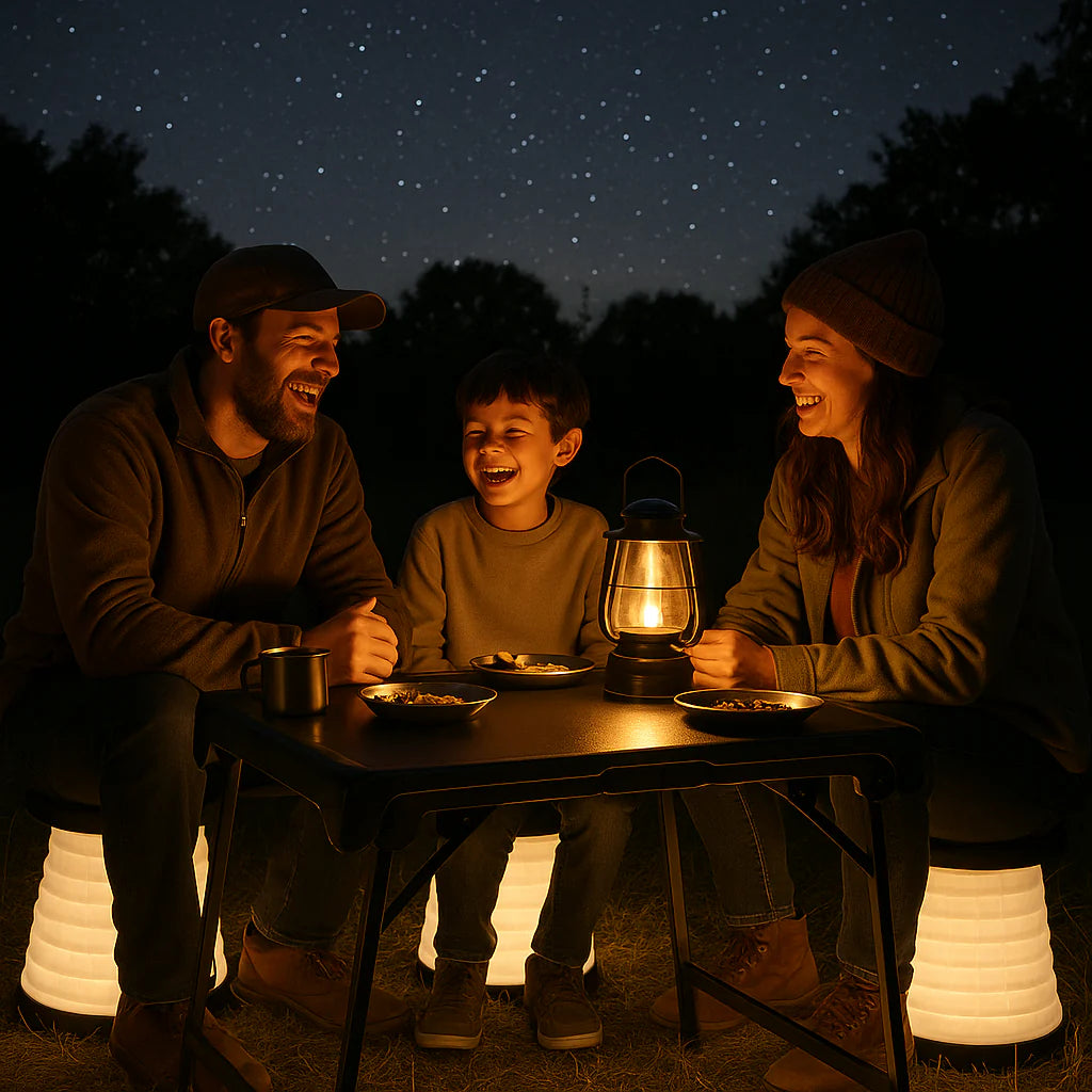 Exclusive 3 Pieces Folding Camping Table Stool Set with 2 Retractable LED Stools - Premium Outdoor Adventure Collection