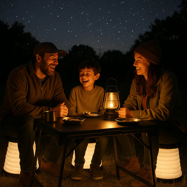 Exclusive 3 Pieces Folding Camping Table Stool Set with 2 Retractable LED Stools - Premium Outdoor Adventure Collection