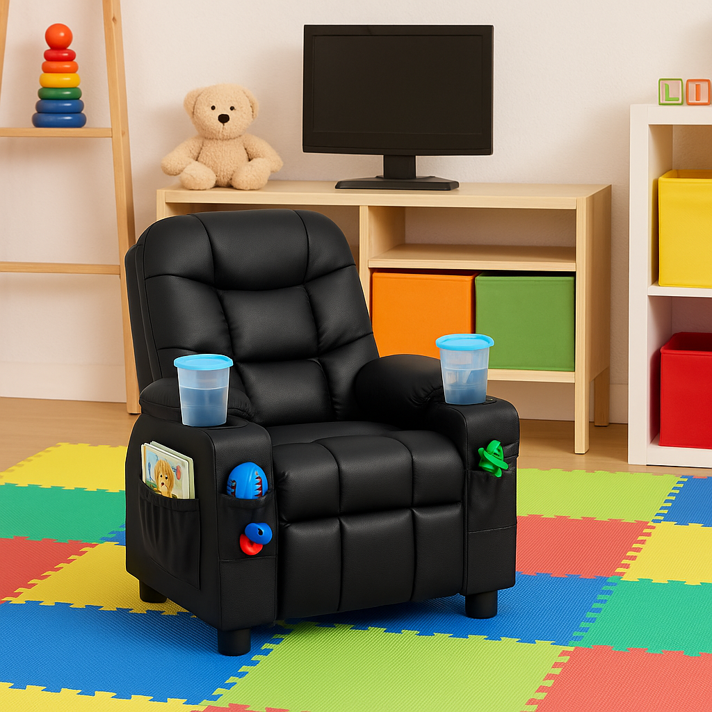 Premium PU Leather Kids Recliner Chair with Dual Cup Holders & Storage Pockets - Ergonomic Youth Furniture with 130° Recline