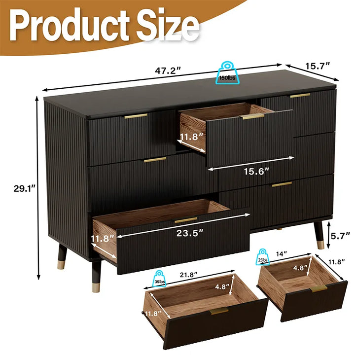 7 Drawer Dresser For Bedroom, Storage Cabinet With Golden Handles, Modern Closet Of Drawers For Living Room