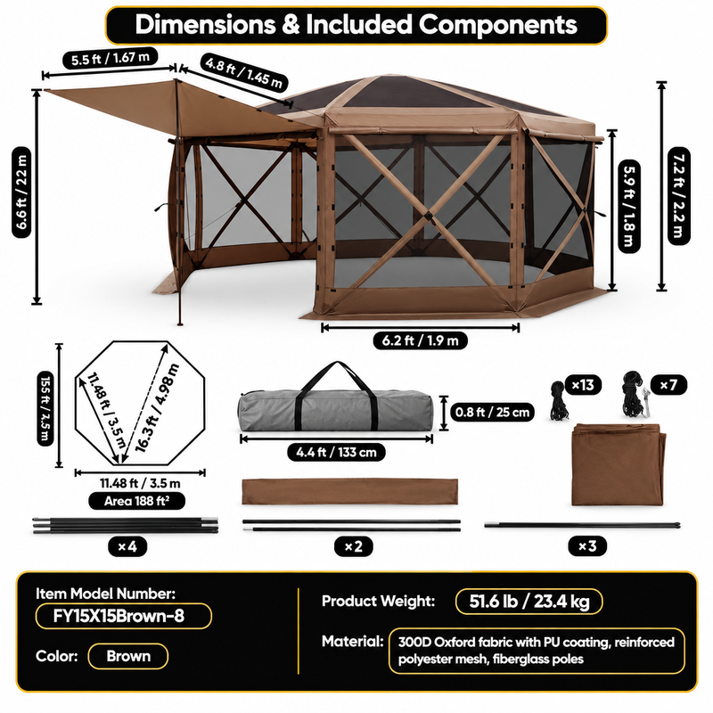 15x15 Pop-Up Gazebo Screen Tent – Large Outdoor Screen House with Mesh Walls & Carry Bag - 7.
