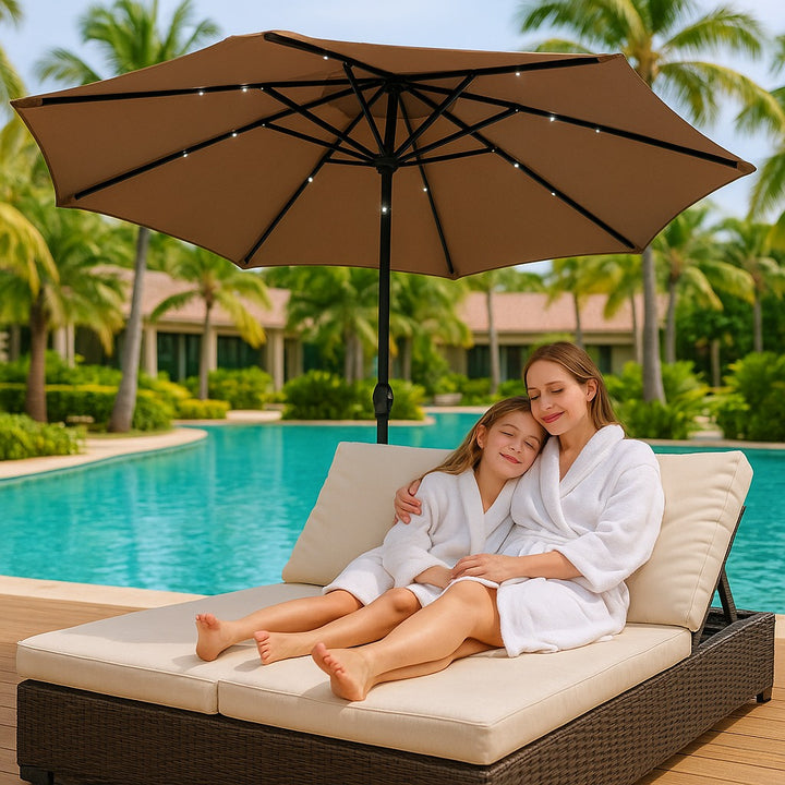 Premium 106" Tan Solar-Powered Market Patio Umbrella with LED Lights and Concrete Base