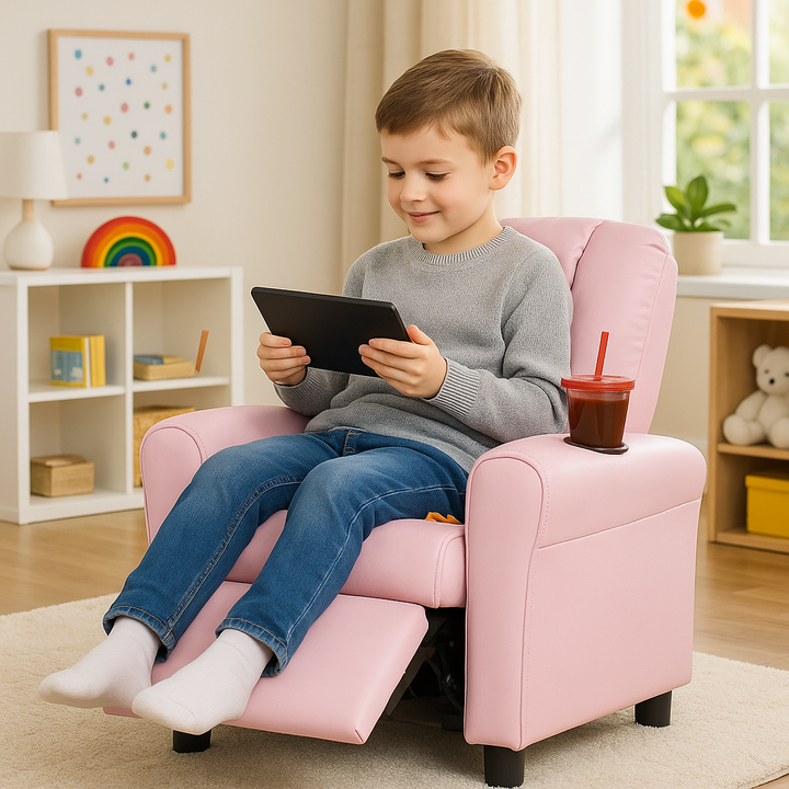 Premium  PU Leather Kids Recliner Chair with Front Footrest & Cup Holder - Solid Wood Frame Children's Furniture for Ages 2-12