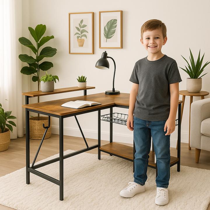 LumoEdge Reversible L-Shaped Desk with LED Lights & Power Hub – Rustic Brown